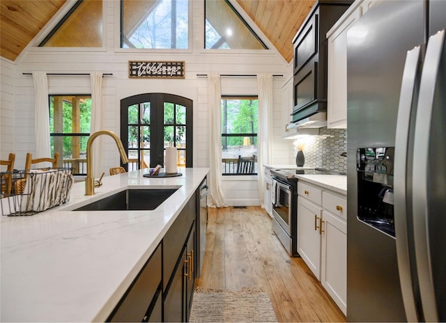 kitchen featuring sink, light stone counters, white cabinetry, stainless steel appliances, and wood ceiling