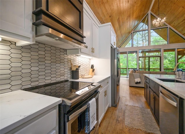 kitchen with white cabinets, hanging light fixtures, sink, light wood-type flooring, and appliances with stainless steel finishes