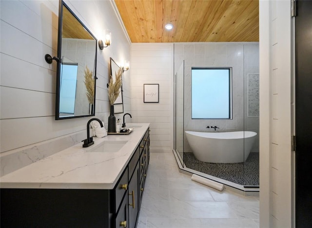 bathroom with vanity, a tub, and wood ceiling