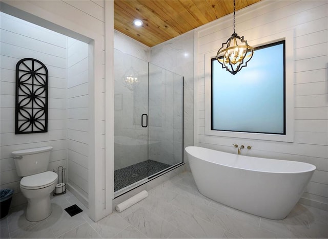 bathroom with separate shower and tub, wooden ceiling, a notable chandelier, toilet, and wood walls