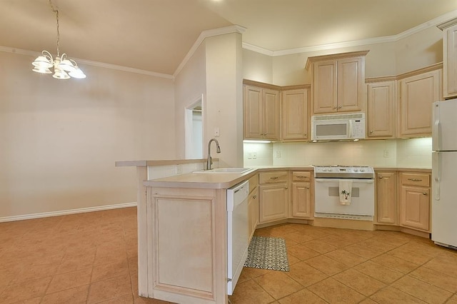 kitchen with sink, light brown cabinets, an inviting chandelier, white appliances, and light tile patterned floors