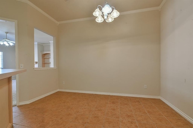 unfurnished dining area with light tile patterned floors, ceiling fan with notable chandelier, and ornamental molding