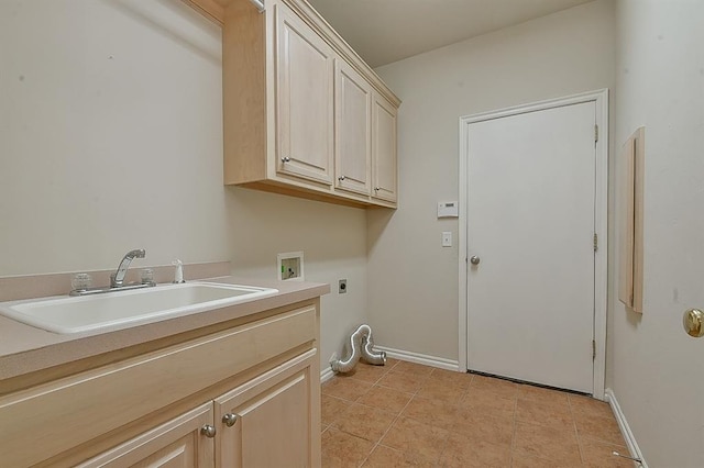 washroom featuring sink, cabinets, washer hookup, electric dryer hookup, and light tile patterned flooring