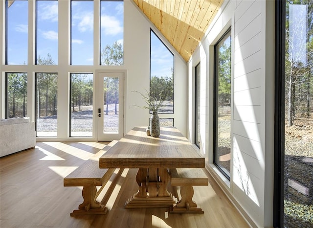 sunroom featuring plenty of natural light and wood ceiling