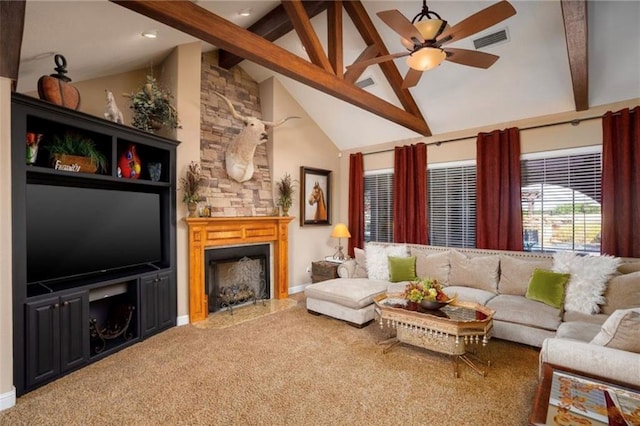 living room featuring beam ceiling, carpet floors, high vaulted ceiling, and ceiling fan