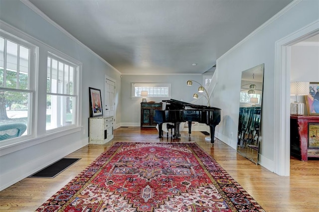 miscellaneous room featuring light wood-type flooring, ornamental molding, and a wealth of natural light