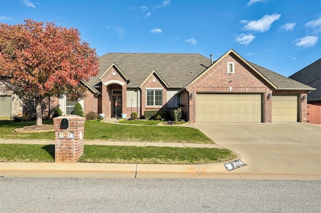 view of front of property featuring a front yard and a garage