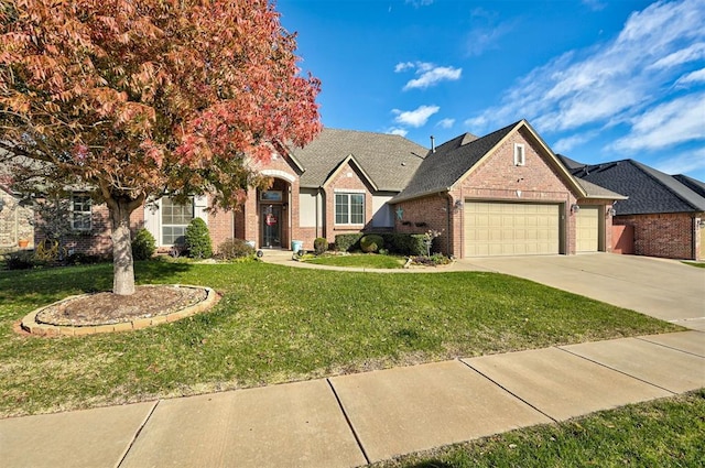 view of front of house featuring a garage and a front lawn