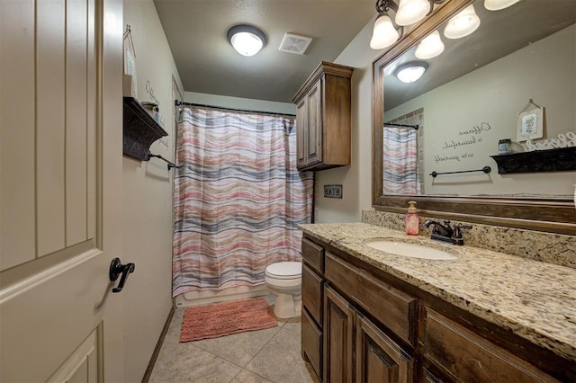 full bathroom with tile patterned floors, vanity, shower / bath combination with curtain, and toilet