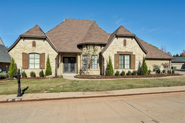 french country home with a front lawn and french doors