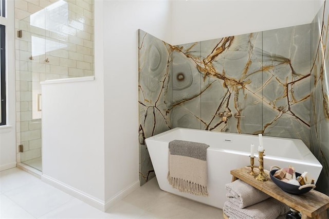 bathroom featuring tile patterned floors and plus walk in shower