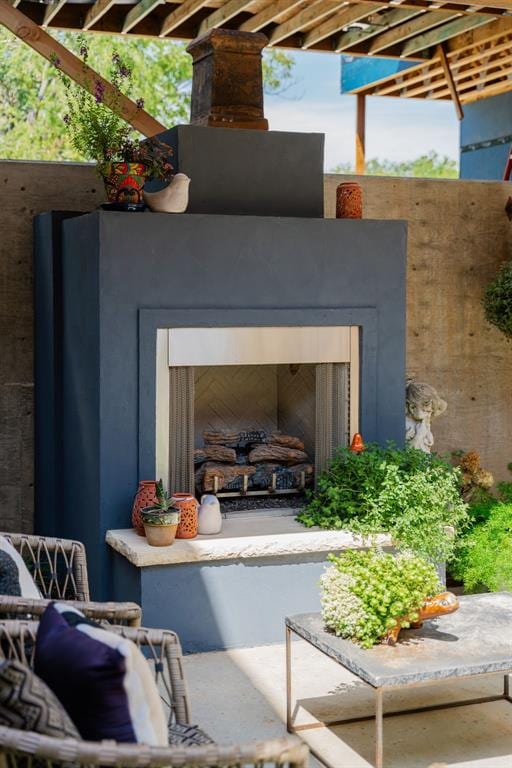 exterior details with exterior fireplace