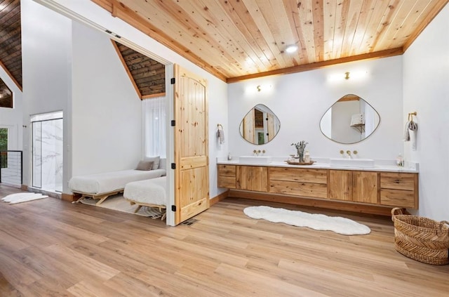 bathroom featuring wood ceiling, lofted ceiling, vanity, and hardwood / wood-style flooring