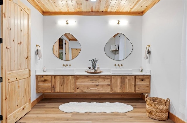 bathroom with wood ceiling, ornamental molding, hardwood / wood-style floors, and vanity