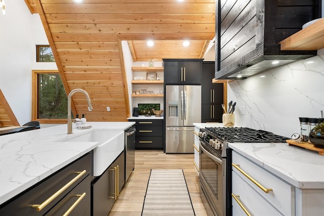 kitchen featuring sink, wooden ceiling, stainless steel appliances, light stone counters, and light hardwood / wood-style flooring