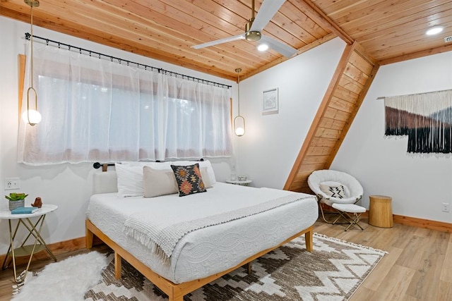 bedroom featuring ceiling fan, light wood-type flooring, and wood ceiling