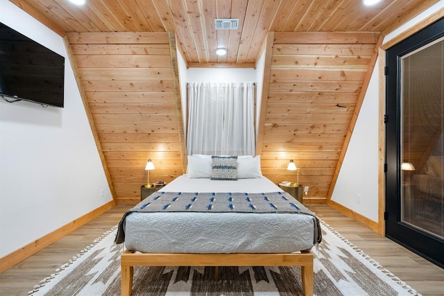 bedroom featuring light hardwood / wood-style floors, wood walls, and wood ceiling