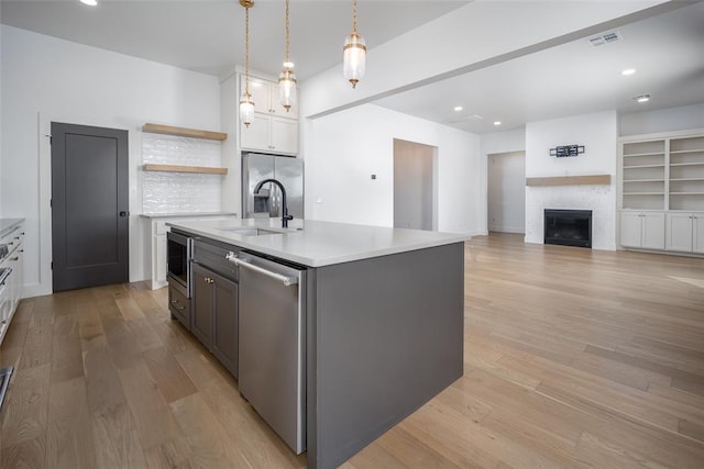 kitchen featuring stainless steel appliances, pendant lighting, a center island with sink, white cabinets, and light wood-type flooring