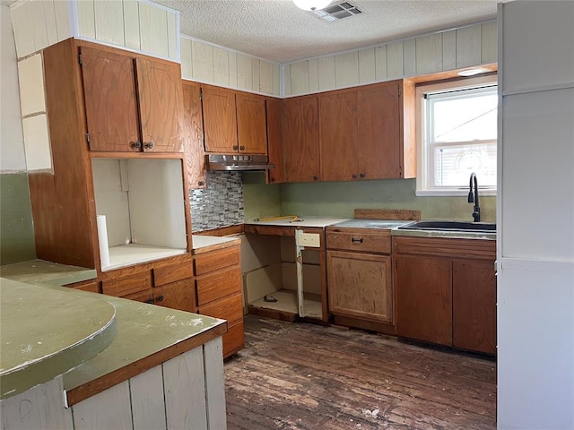 kitchen featuring backsplash, sink, dark wood-type flooring, and a textured ceiling