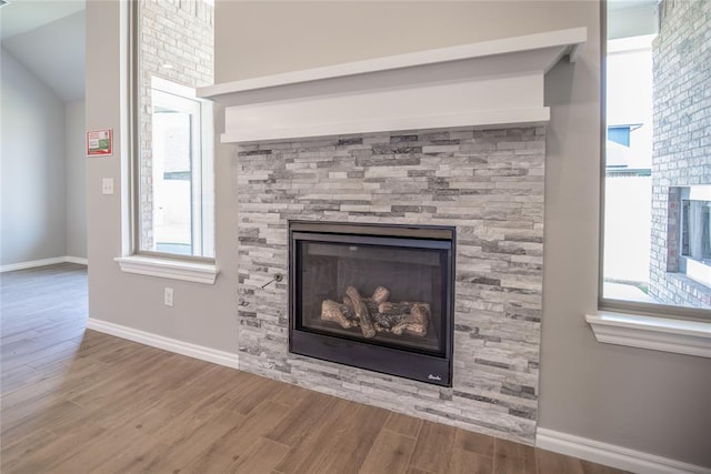 details with wood-type flooring and a fireplace