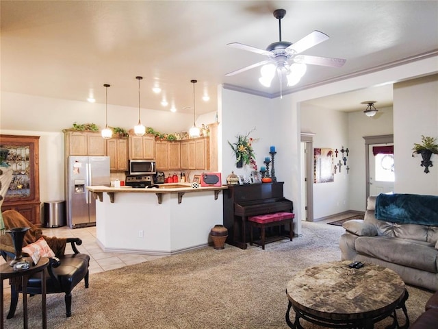 living room featuring ceiling fan and light colored carpet