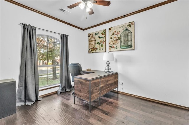 office area with ceiling fan, dark hardwood / wood-style flooring, and crown molding