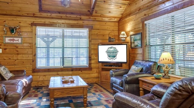 living room featuring wood walls, wooden ceiling, and vaulted ceiling