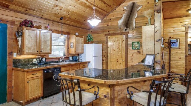 kitchen featuring wooden ceiling, black dishwasher, hanging light fixtures, lofted ceiling, and wood walls