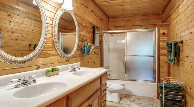 full bathroom featuring wooden ceiling and wooden walls