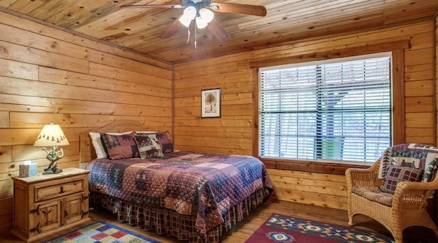 bedroom featuring wood ceiling, wooden walls, ceiling fan, and wood-type flooring