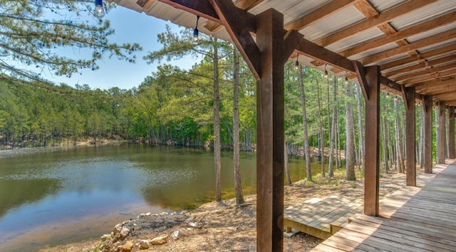 exterior space with a water view