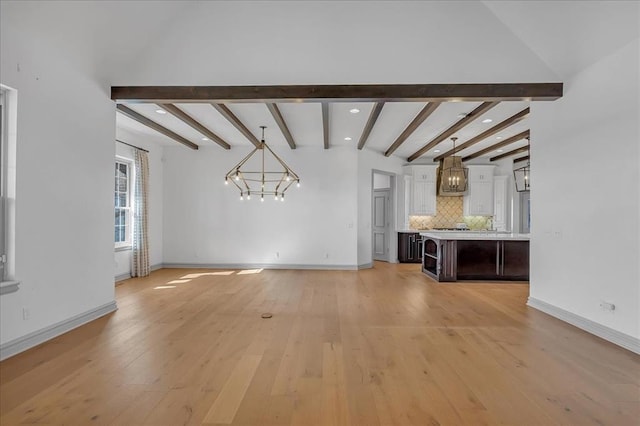 unfurnished living room with lofted ceiling with beams and light hardwood / wood-style flooring