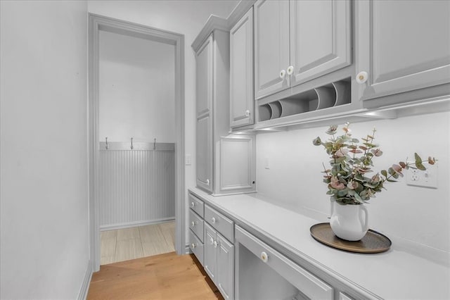 interior space with gray cabinets and light hardwood / wood-style floors