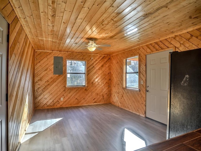 entryway with hardwood / wood-style floors, electric panel, wooden ceiling, and wood walls