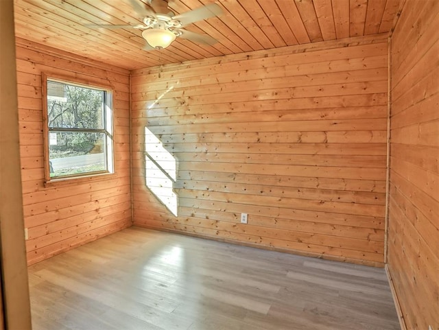 bonus room featuring ceiling fan, wood walls, wooden ceiling, and light hardwood / wood-style flooring