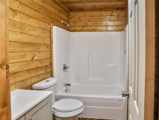 full bathroom featuring wooden ceiling, wood walls, toilet, shower / tub combination, and vanity