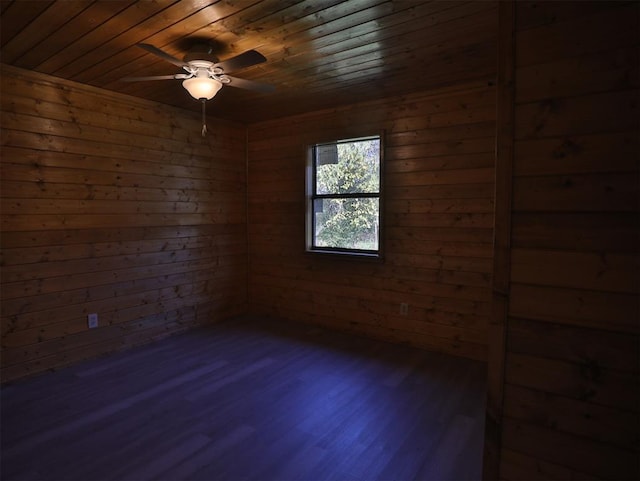 spare room with hardwood / wood-style floors, ceiling fan, and wooden walls