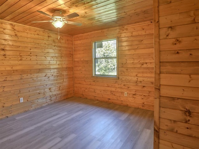 unfurnished room with wood ceiling, wood walls, and wood-type flooring