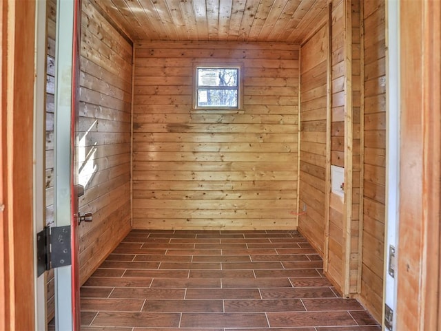 spare room with wood walls and wood ceiling