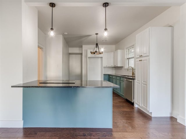 kitchen with white cabinets, sink, hanging light fixtures, stainless steel dishwasher, and dark hardwood / wood-style flooring