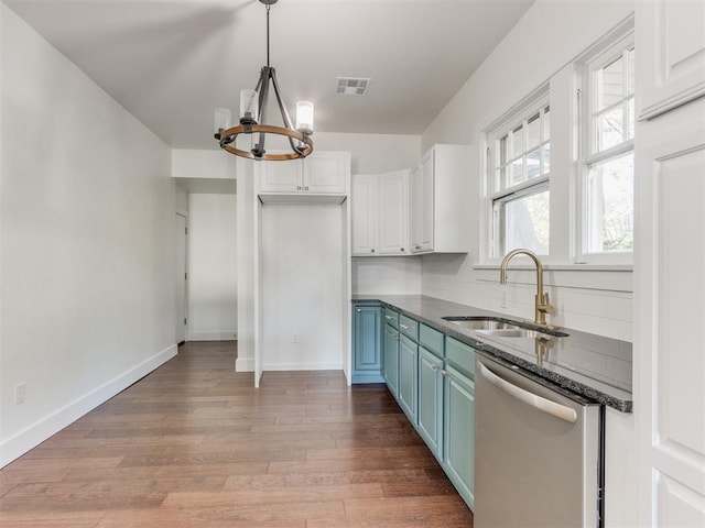 kitchen featuring blue cabinets, sink, wood-type flooring, dishwasher, and white cabinets