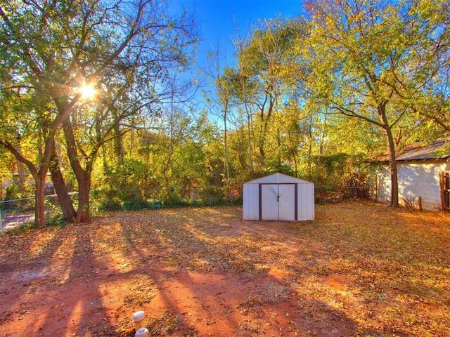 view of yard with a storage shed