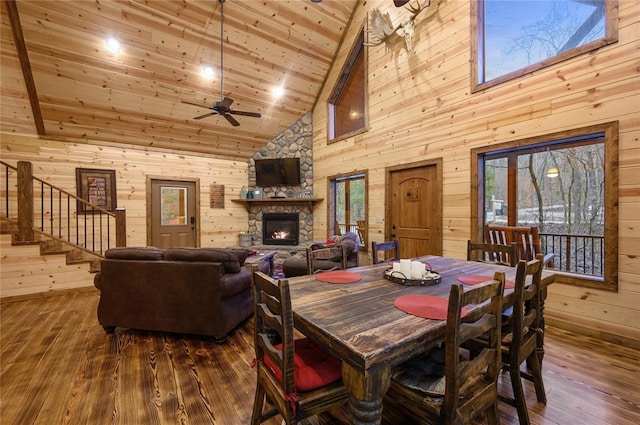 dining room featuring wood walls, hardwood / wood-style floors, high vaulted ceiling, and wood ceiling