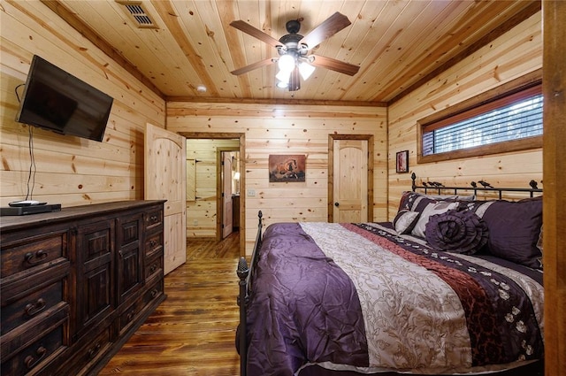 bedroom featuring wood walls, dark hardwood / wood-style floors, ceiling fan, and wood ceiling