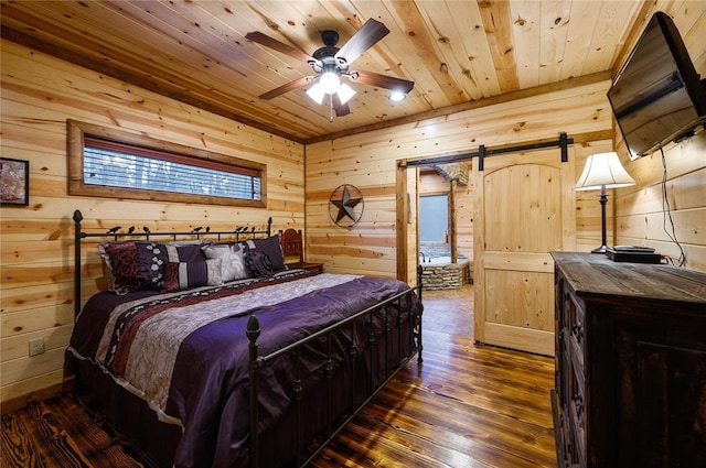 bedroom featuring ceiling fan, wooden ceiling, dark wood-type flooring, and wooden walls