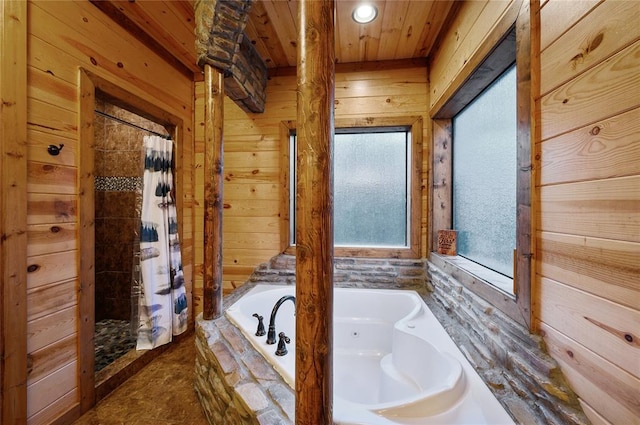 bathroom with shower with separate bathtub, wooden ceiling, and wooden walls