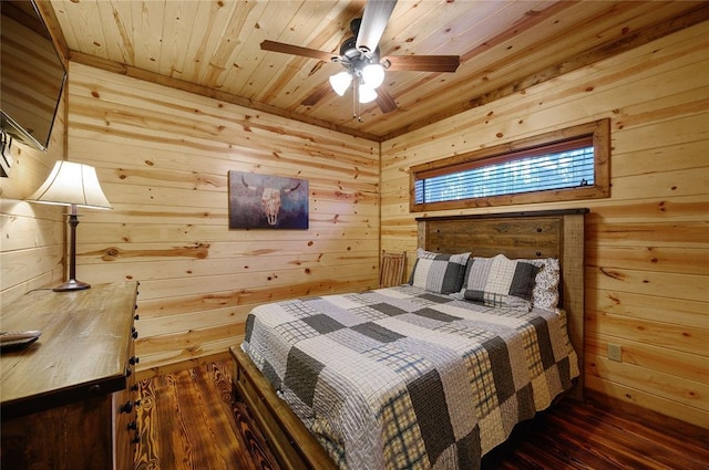 bedroom featuring ceiling fan, wood walls, dark hardwood / wood-style flooring, and wooden ceiling