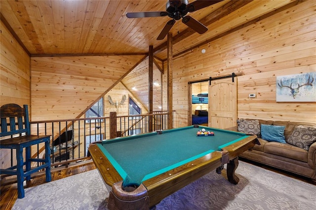 game room with ceiling fan, wooden ceiling, wood walls, lofted ceiling, and pool table