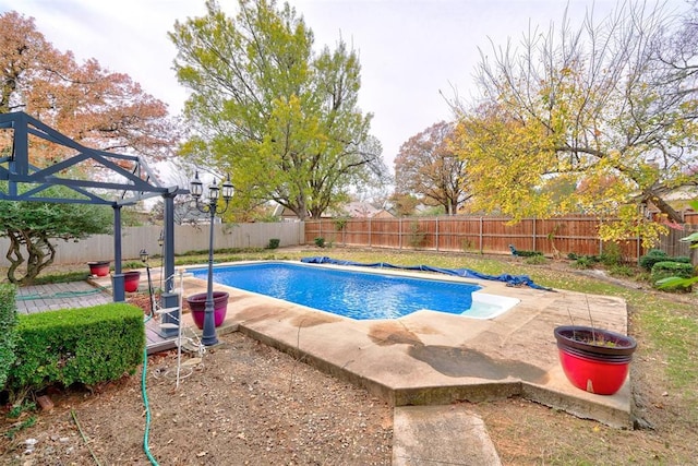 view of pool featuring a fenced backyard, a fenced in pool, and a patio