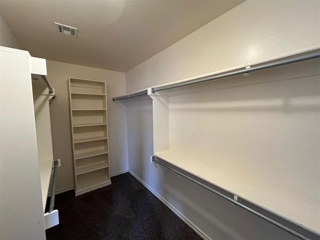 spacious closet with dark colored carpet